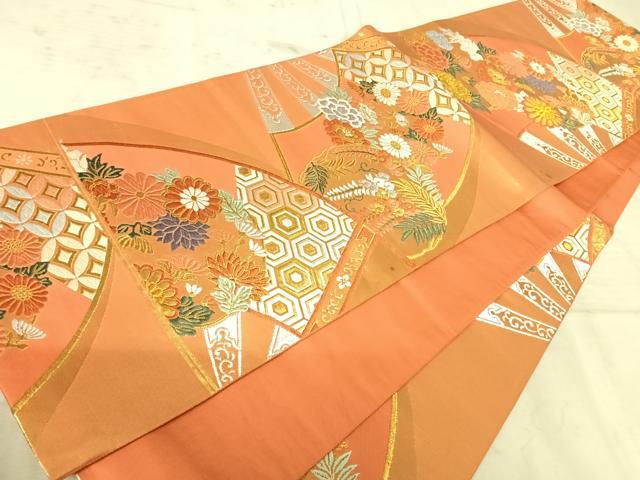 平和屋着物◎六通柄袋帯 唐織 扇面花文 金糸 正絹 逸品 AAAZ5888yx