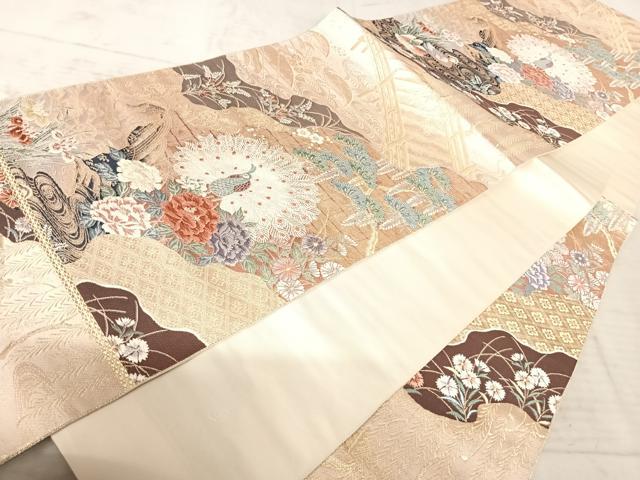 平和屋着物◎六通柄袋帯 唐織 孔雀花文 金糸 正絹 逸品 AAAZ5924yx