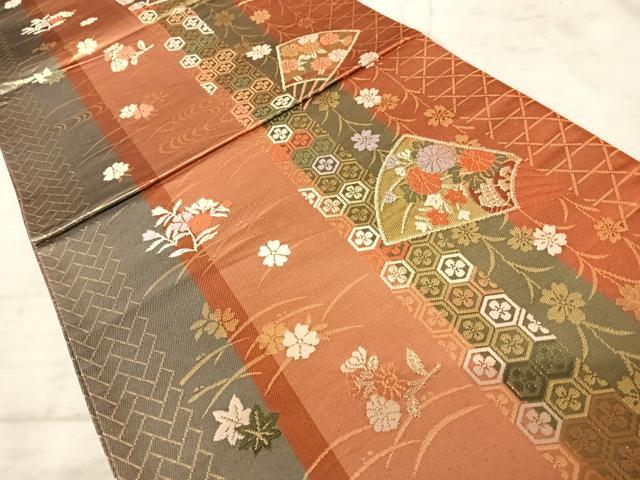 平和屋着物◎全通柄袋帯 唐織 扇面花文 金糸 正絹 逸品 AAAZ5944yx
