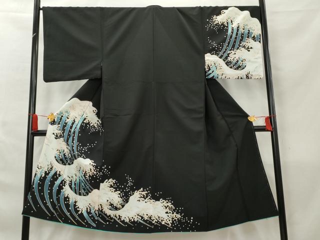 平和屋着物●男性 訪問着 立波文 黒地 金彩 胴抜き仕立て 洗える着物 AAAZ6052cs