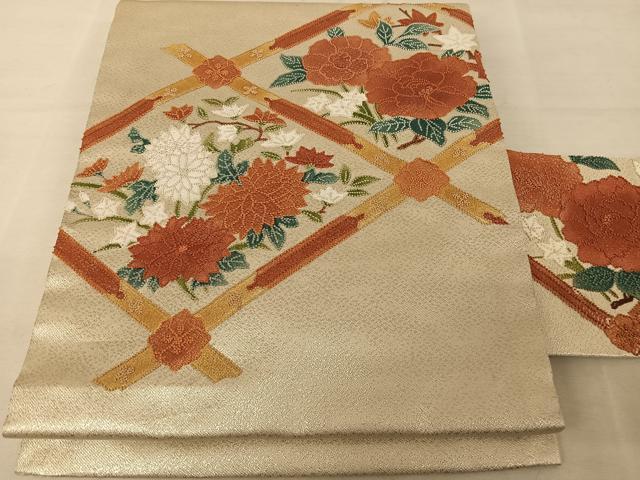 平和屋着物◎中国三大刺繍 相良刺繍 九寸名古屋帯 天井花文 銀糸 正絹 逸品 AAAZ6383mw