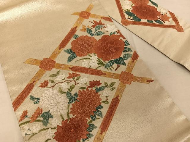 平和屋着物◎中国三大刺繍 相良刺繍 九寸名古屋帯 天井花文 銀糸 正絹 逸品 AAAZ6383mw