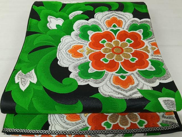 平和屋着物◎六通柄袋帯 唐織 花唐草文 黒地 正絹 逸品 AAAZ6424mw