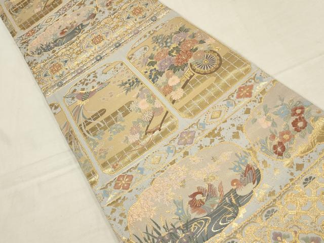 平和屋着物▼六通柄袋帯 御所車花鳥文 金糸 正絹 逸品 AAAZ6600wj
