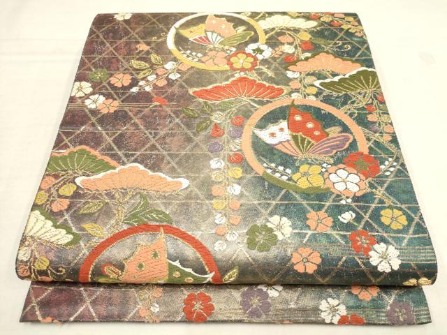 平和屋着物▼六通柄袋帯 唐織 花蝶丸文 金糸 正絹 逸品 AAAZ6694wj