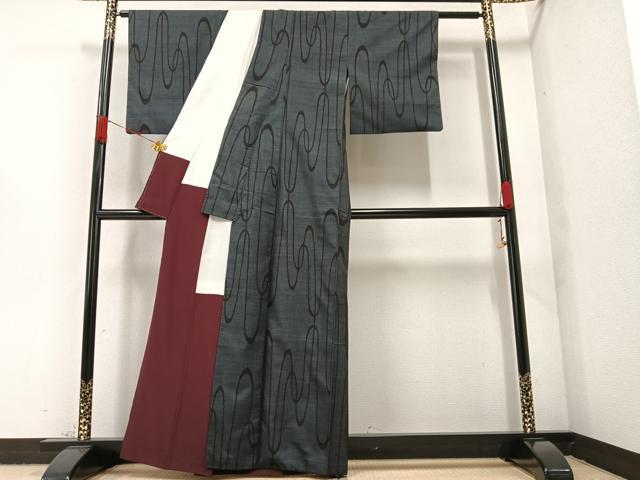 平和屋着物●本場大島紬 一元7マルキ 波文 正絹 逸品 AAAZ6811ph