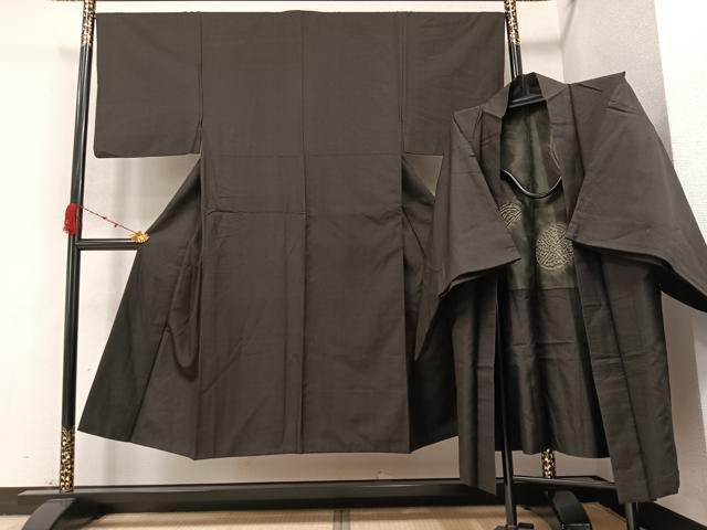 平和屋着物●男性 紬 アンサンブル 赤墨色 正絹 逸品 AAAZ6839ph