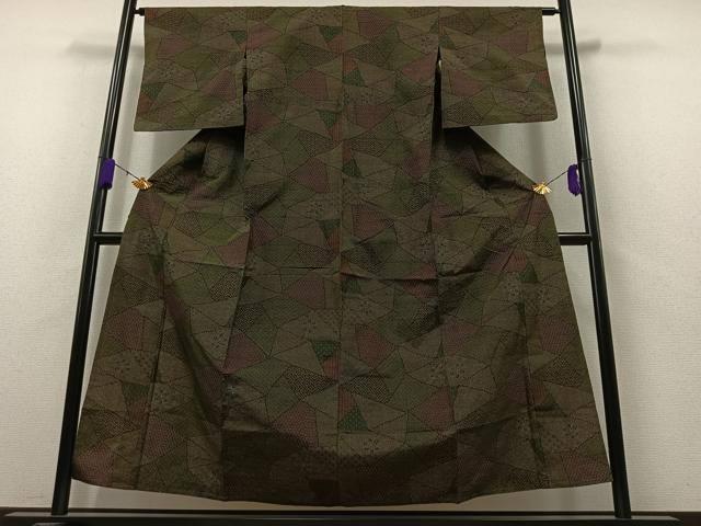 平和屋着物▽上質な紬 単衣 切嵌花文 正絹 逸品 AAAZ7134jh