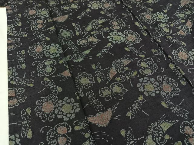 平和屋着物▽上質な紬 単衣 型染め 鶴 勝虫 正絹 逸品 AAAZ7144jh