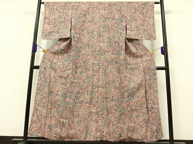 平和屋着物▽上質な小紋 単衣 更紗鳳凰花文 鬼しぼ縮緬 正絹 逸品 AAAZ7146jh