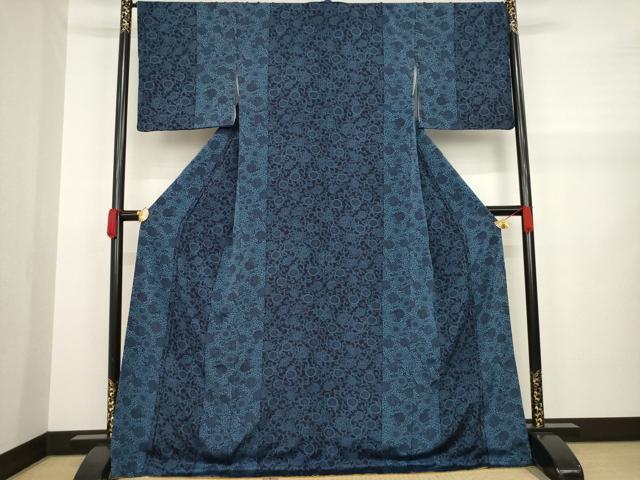 平和屋着物●上質な小紋 藍 型染め 花唐草文 ロング丈 正絹 逸品 AAAZ7227ck