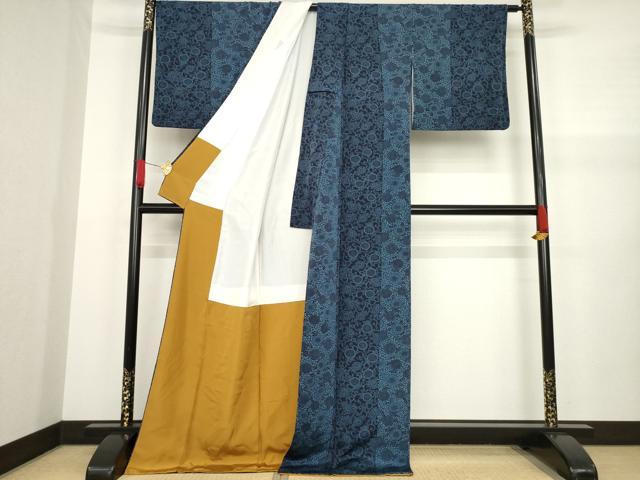 平和屋着物●上質な小紋 藍 型染め 花唐草文 ロング丈 正絹 逸品 AAAZ7227ck