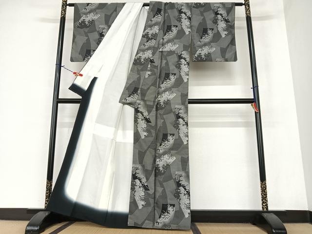 平和屋着物●お召 短冊草花シルエット 黒地 正絹 逸品 AAAZ7390zg