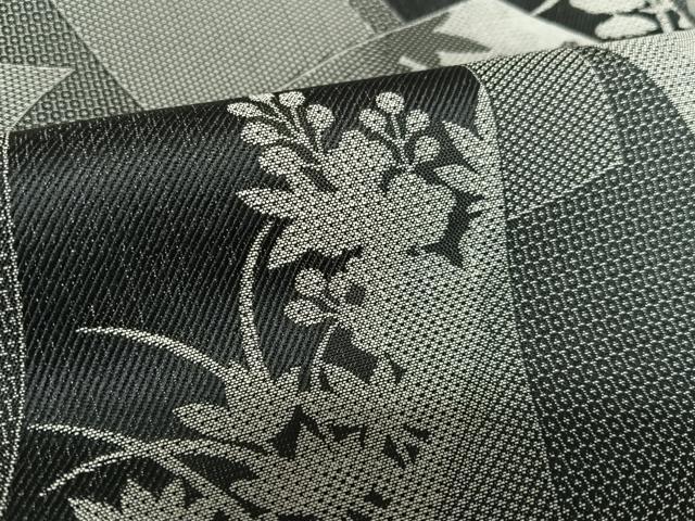 平和屋着物●お召 短冊草花シルエット 黒地 正絹 逸品 AAAZ7390zg