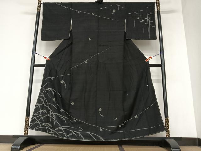 平和屋着物●上質な紬 訪問着 作家物 刺繍 刺し子 稲穂にふくら雀 黒地 正絹 逸品 AAAZ7569zg