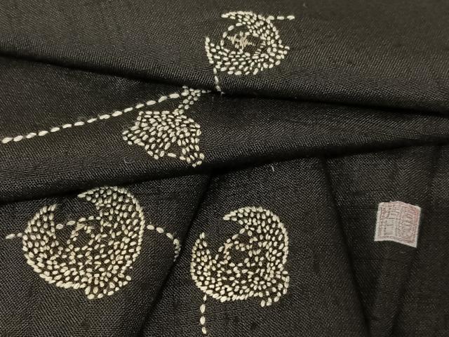 平和屋着物●上質な紬 訪問着 作家物 刺繍 刺し子 稲穂にふくら雀 黒地 正絹 逸品 AAAZ7569zg