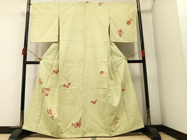平和屋着物●訪問着 紬地 型染め 花鳥文 金彩 正絹 逸品 未使用 AAAZ7678ph