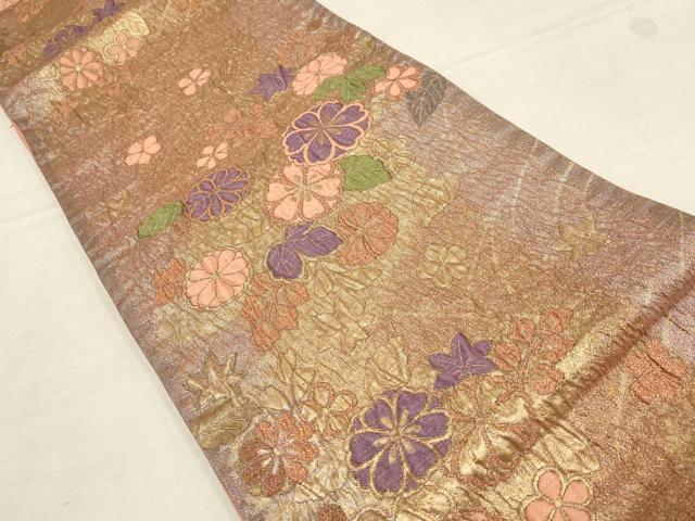 平和屋着物▼六通柄袋帯 ふくれ織 草花文 金糸 正絹 逸品 AAAZ7750wj