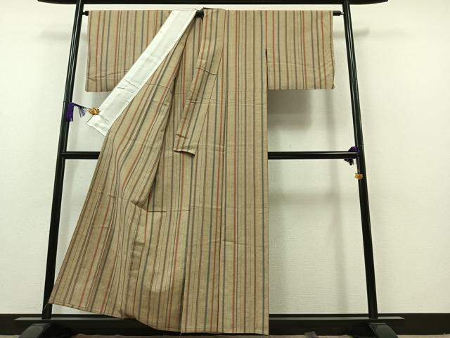 平和屋着物▽上質な紬 単衣 縞 正絹 逸品 AAAZ7804jh
