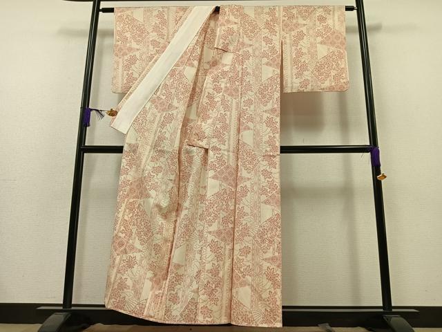 平和屋着物▽本塩沢 単衣 扇面花文 正絹 逸品 AAAZ7806jh