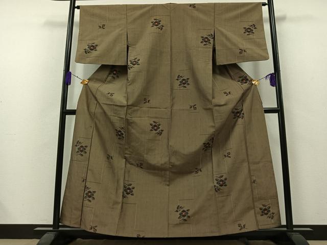 平和屋着物▽上質な紬 単衣 草花文 正絹 逸品 AAAZ7820jh