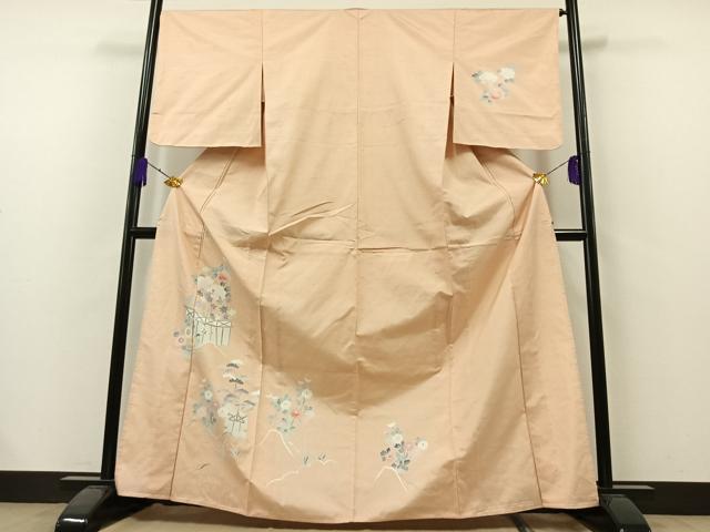 平和屋着物▽訪問着 単衣 紬地 風景花文 正絹 逸品 AAAZ7825jh
