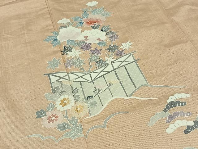 平和屋着物▽訪問着 単衣 紬地 風景花文 正絹 逸品 AAAZ7825jh