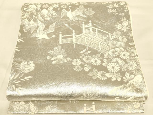 平和屋着物◎六通柄袋帯 渡橋花鳥文 銀糸 正絹 逸品 AAAZ8019cs