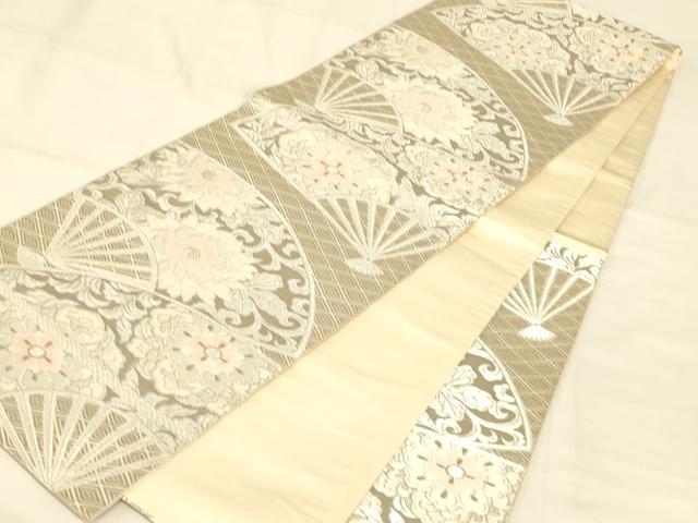 平和屋着物◎六通柄袋帯 唐織 扇面花文 プラチナ引箔 正絹 逸品 AAAZ8026cs