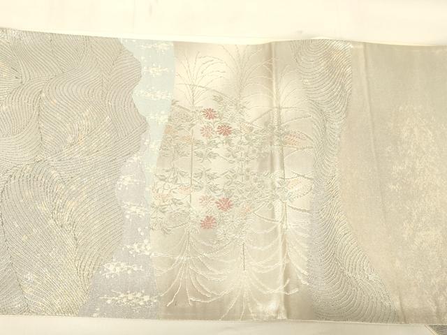 平和屋着物◎六通柄袋帯 流水花文 銀糸 正絹 逸品 AAAZ8044cs