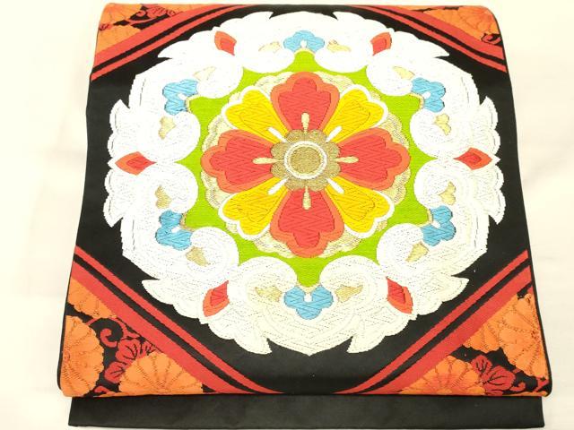 平和屋着物◎六通柄袋帯 唐織 正倉院花文 黒地 金糸 正絹 逸品 AAAZ8050cs