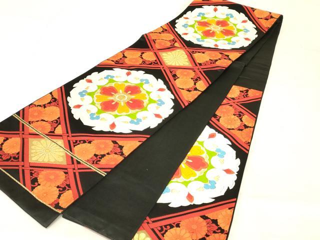 平和屋着物◎六通柄袋帯 唐織 正倉院花文 黒地 金糸 正絹 逸品 AAAZ8050cs