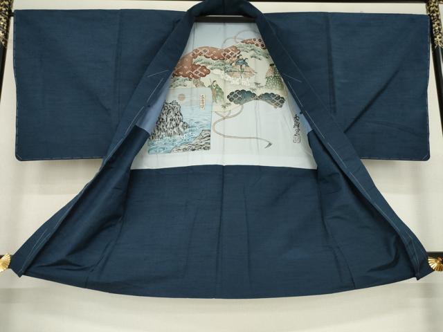 平和屋着物●男性 紬 アンサンブル 網代織 色無地 藍鉄色 正絹 逸品 未使用 AAAZ8087ck