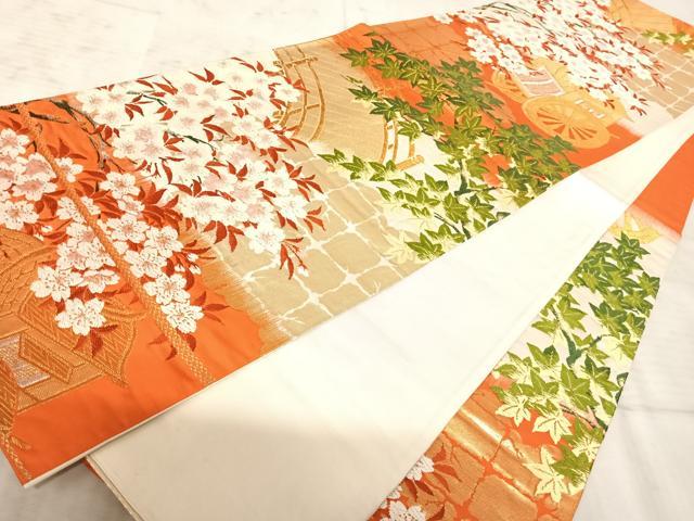 平和屋着物◎六通柄袋帯 唐織 渡橋御所車花文 金銀糸 正絹 逸品 AAAZ8177yx