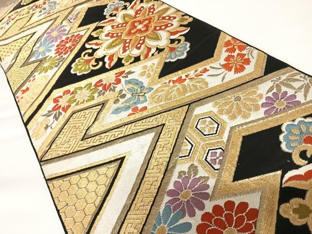 平和屋着物◎六通柄 本袋帯 唐織 正倉院花蝶文 黒地 金糸 正絹 逸品 AAAZ8251yx