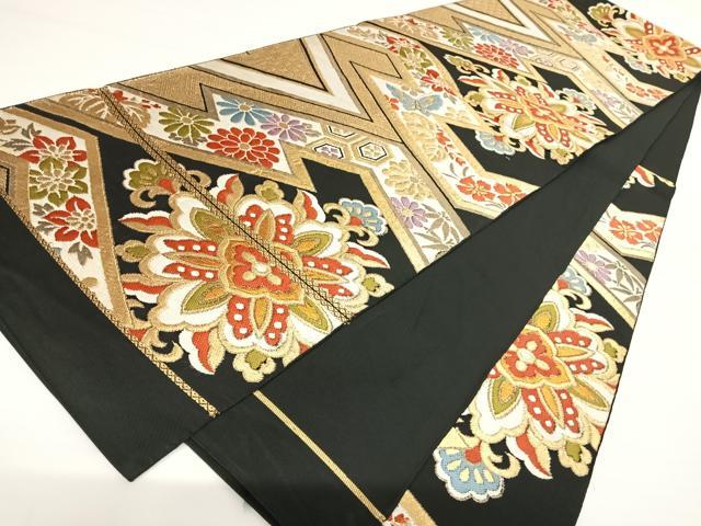 平和屋着物◎六通柄 本袋帯 唐織 正倉院花蝶文 黒地 金糸 正絹 逸品 AAAZ8251yx