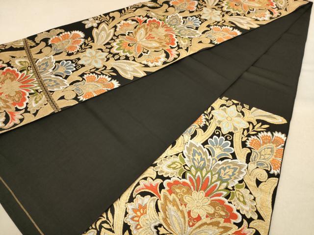 平和屋着物◎六通柄袋帯 更紗花文 黒地 金糸 正絹 逸品 AAAZ8655dt