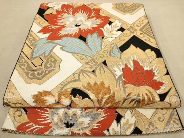 平和屋着物◎六通柄袋帯 更紗花文 黒地 金糸 正絹 逸品 AAAZ8658dt