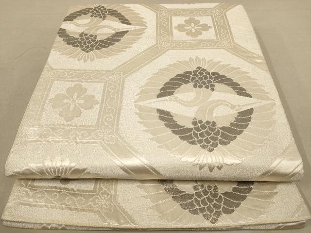 平和屋着物◎六通柄袋帯 双鶴花文 プラチナつづれ 正絹 逸品 AAAZ8670dt