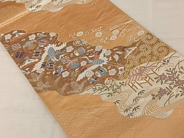平和屋着物◎六通柄袋帯 唐織 風景文 宝尽くし 鶴 金糸 正絹 逸品 AAAZ8817mw