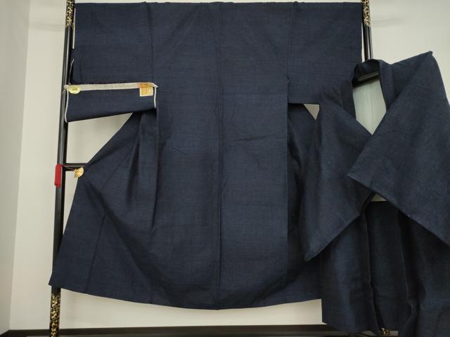 平和屋着物●男性 結城紬 アンサンブル 杢 色無地 藍鉄色 反端付き 正絹 逸品 AAAZ8945ck