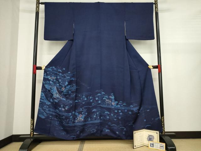 平和屋着物●藍造り国選定無形文化財 藍師・佐藤昭人 色留訪問着 駒刺繍 誰が袖風景花文 鴛鴦 認定書付き 正絹 逸品 AAAZ8955ck