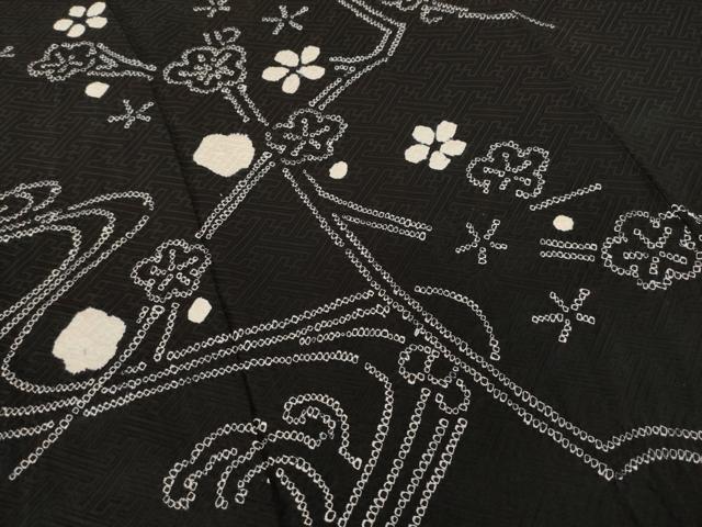 平和屋着物●訪問着 絞り 流水枝梅文 黒地 ロング丈 正絹 逸品 未使用 AAAZ8958ck