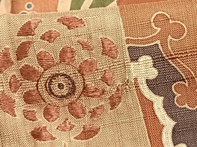 平和屋着物▽訪問着 単衣 生紬地 刺繍 切嵌花文 正絹 逸品 AAAZ9011fy