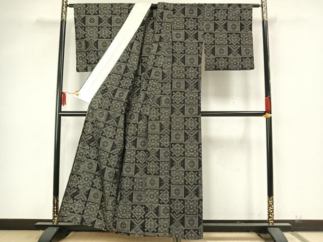 平和屋着物▽上質な紬 単衣 市松花文 正絹 逸品 AAAZ9017fy