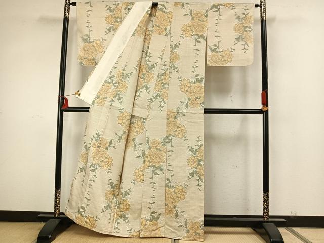 平和屋着物▽上質な紬 単衣 草花文 正絹 逸品 AAAZ9021fy