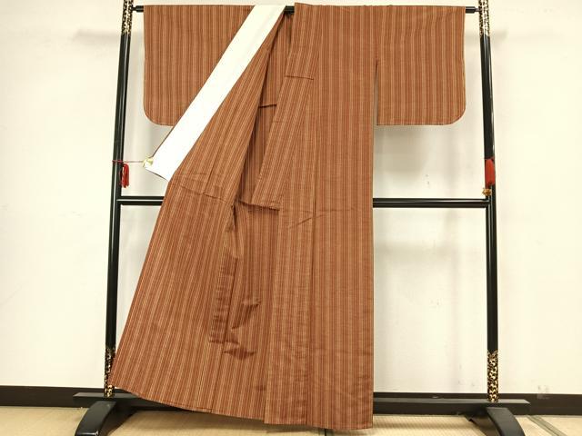 平和屋着物▽上質な紬 単衣 縞 正絹 逸品 AAAZ9055fy