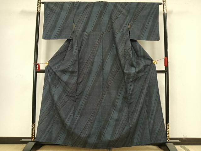 平和屋着物▽本塩沢 単衣 110亀甲 斜縞 正絹 逸品 AAAZ9056fy
