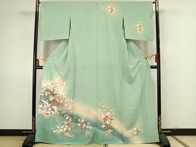 平和屋着物▽訪問着 単衣 草花文 暈し染め 金銀彩 正絹 逸品 AAAZ9076fy