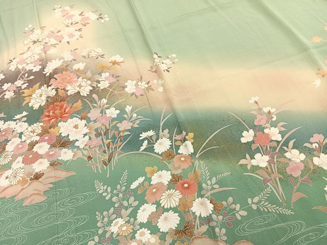 平和屋着物▽訪問着 単衣 草花文 暈し染め 金銀彩 正絹 逸品 AAAZ9076fy